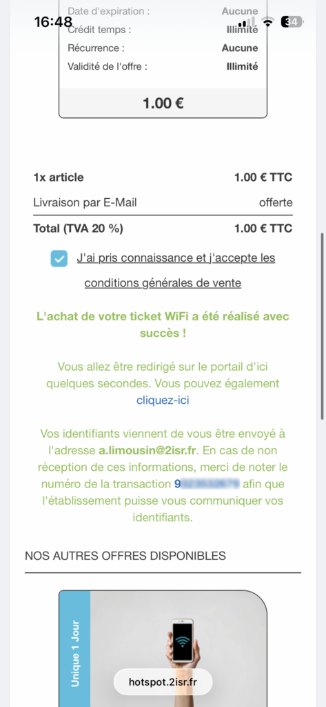 Module de paiement WiFi : achat passé avec succès