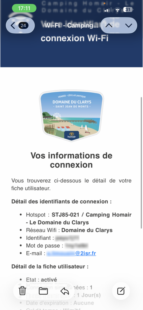 Module de paiement WiFi : mail information de connexion